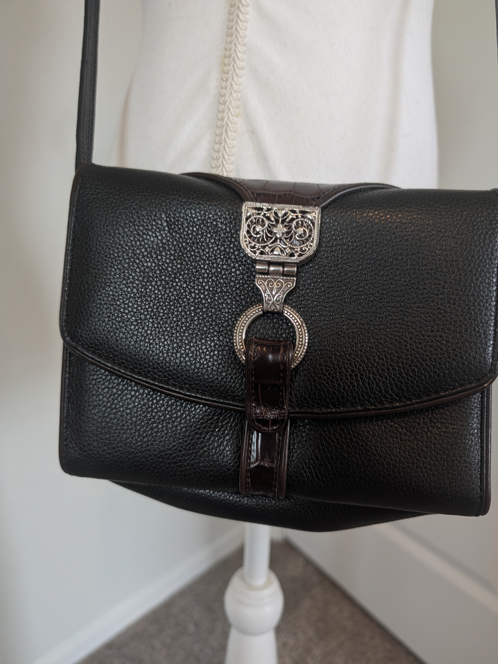 Brighton Black Pebbled Leather Crossbody with Silver Filigree Hardware